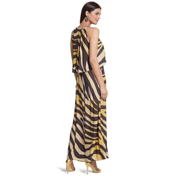 Chico's Black And Gold Zebra Print Jersey Sleeveless Halter Neck Maxi Dress S - Picture 3 of 14